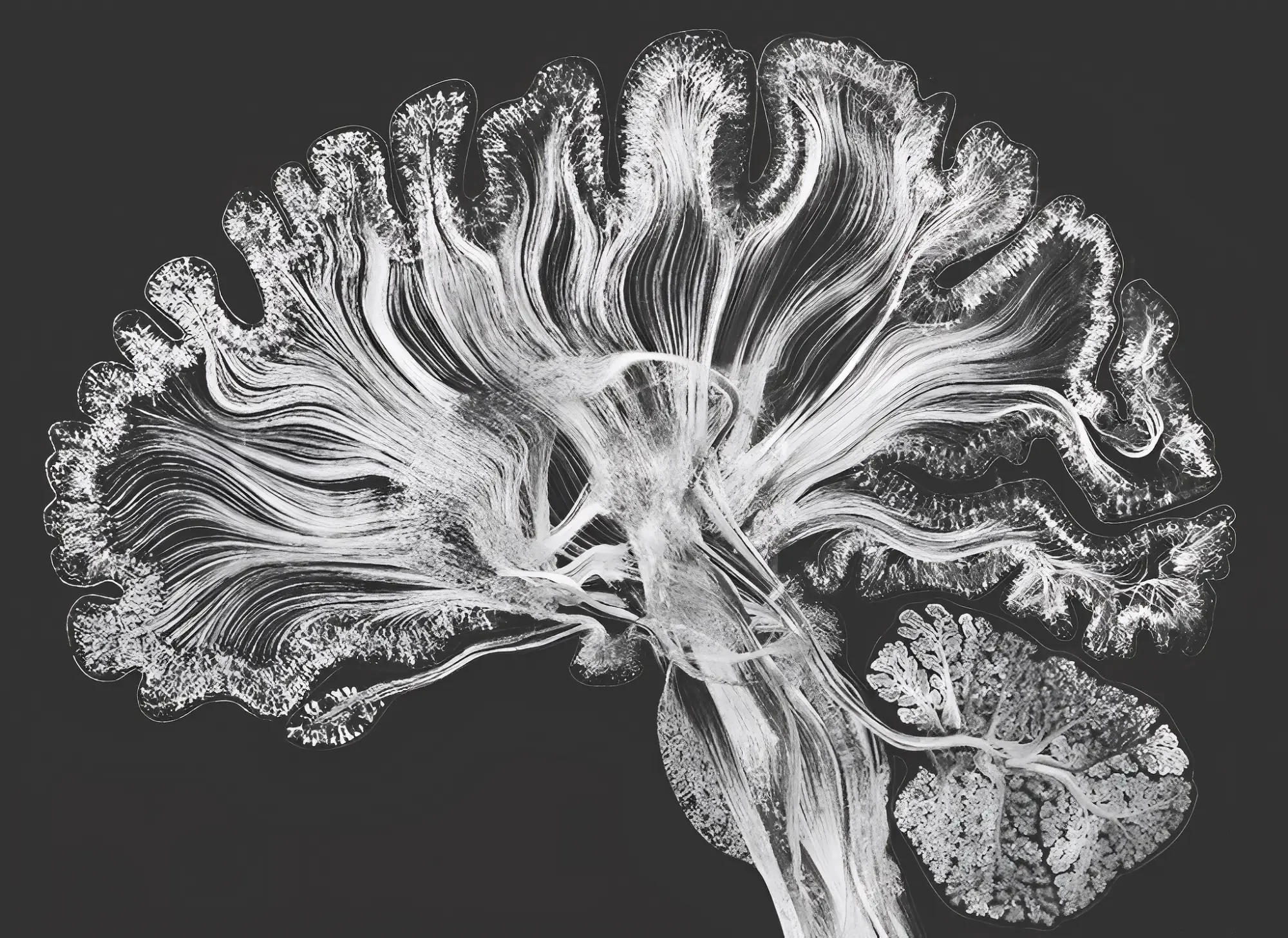 Illustration of the brain's white-matter pathways, shown in white on a dark ground
